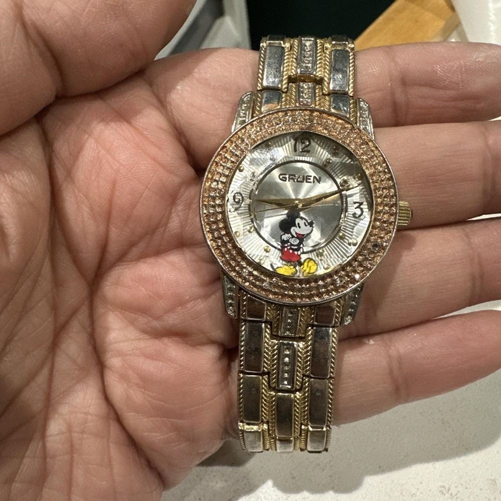 Working Vintage Gruen Disney Mickey‎ Mouse Unisex Gold Watch New Battery 34mm 7"